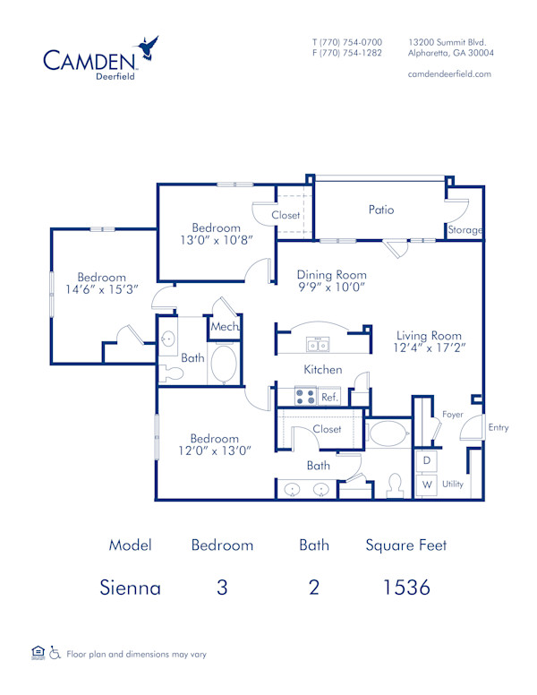 Blueprint of Senna Floor Plan, 3 Bedrooms and 2 Bathrooms at Camden Deerfield Apartments in Alpharetta, GA