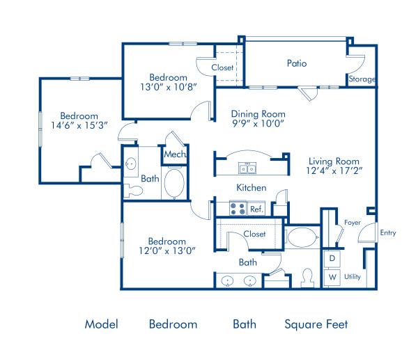 Blueprint of Senna Floor Plan, 3 Bedrooms and 2 Bathrooms at Camden Deerfield Apartments in Alpharetta, GA