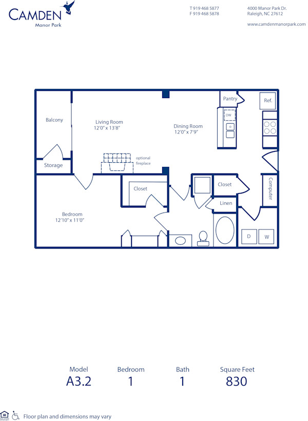 Blueprint of A3.2 Floor Plan, 1 Bedroom and 1 Bathroom at Camden Manor Park Apartments in Raleigh, NC