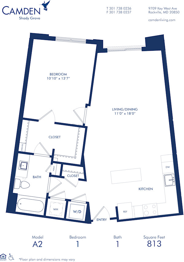 Blueprint of A2 Floor Plan, 1 Bedroom and 1 Bathroom at Camden Shady Grove Apartments in Rockville, MD