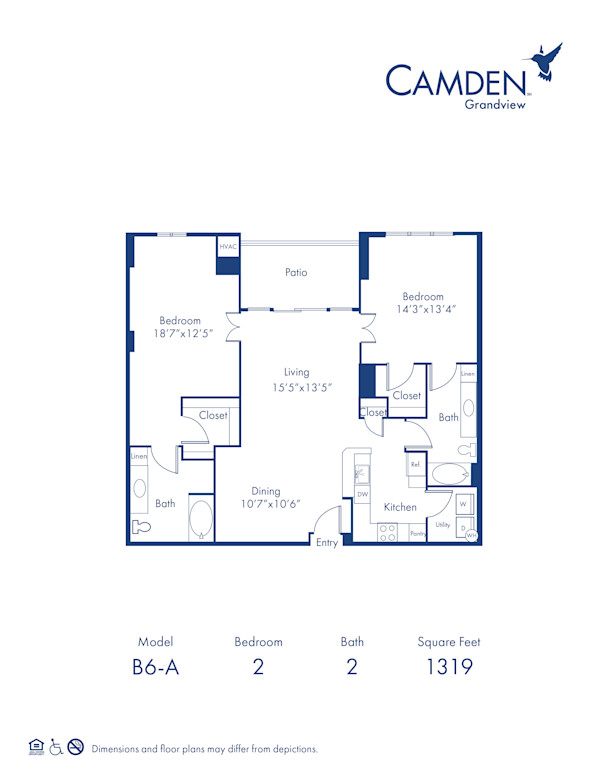 The Buckhead floor plan, 2 bed, 2 bath, 13919 sq ft accessible apartment home at Camden Grandview Apartments in Charlotte, NC