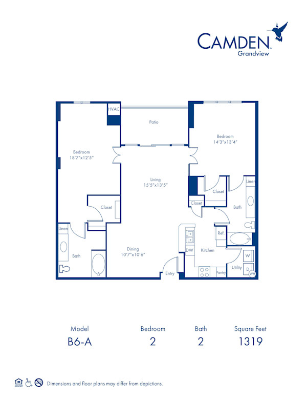 The Buckhead floor plan, 2 bed, 2 bath, 13919 sq ft accessible apartment home at Camden Grandview Apartments in Charlotte, NC