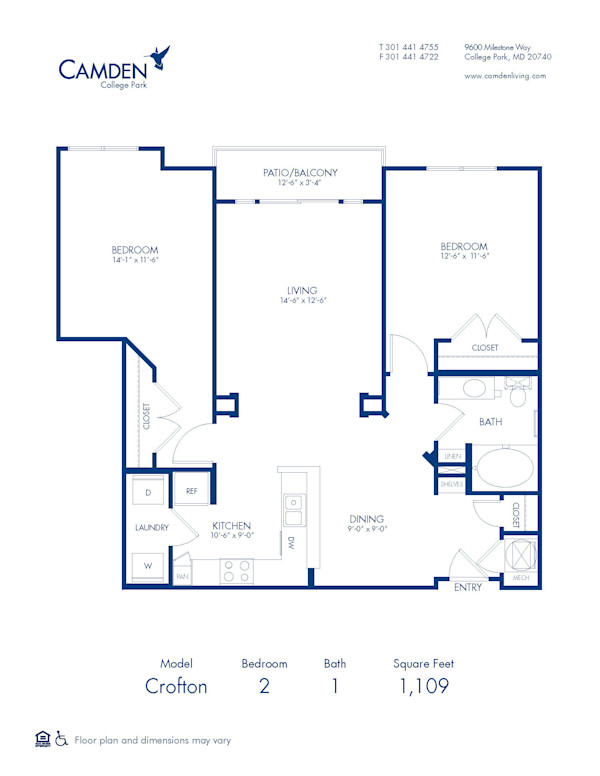 Blueprint of Crofton Floor Plan, 2 Bedrooms and 1 Bathroom at Camden College Park Apartments in College Park, MD