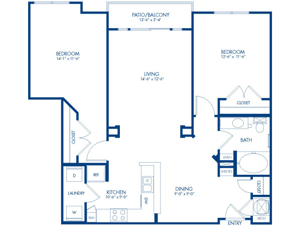 Blueprint of Crofton Floor Plan, 2 Bedrooms and 1 Bathroom at Camden College Park Apartments in College Park, MD