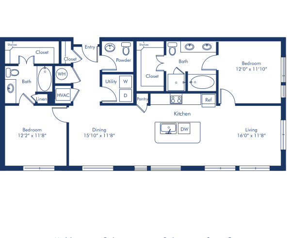Camden Rino apartments in Denver two bedroom floor plan diagram, The B2