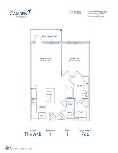 Blueprint of The A4B, 1 bedroom 1 bathroom floor plan at Camden Washingtonian Apartments in Gaithersburg, MD