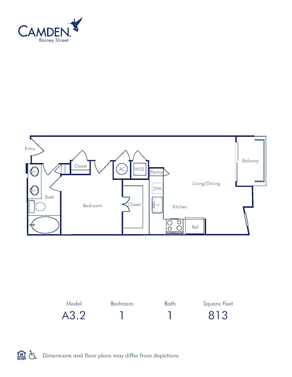 Camden Rainey Street apartments in Austin, TX one bedroom floor plan A3.2