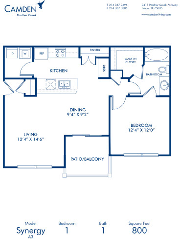 Blueprint of Synergy Floor Plan, 1 Bedroom and 1 Bathroom at Camden Panther Creek Apartments in Frisco, TX
