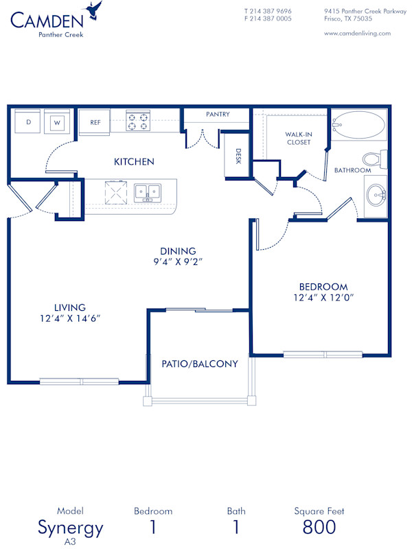 Blueprint of Synergy Floor Plan, 1 Bedroom and 1 Bathroom at Camden Panther Creek Apartments in Frisco, TX