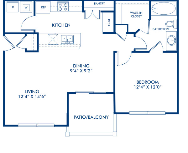 Blueprint of Synergy Floor Plan, 1 Bedroom and 1 Bathroom at Camden Panther Creek Apartments in Frisco, TX