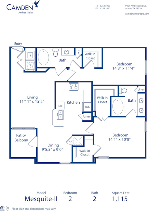 Blueprint of Mesquite - II Floor Plan, 2 Bedrooms and 2 Bathrooms at Camden Amber Oaks II Apartments in Austin, TX