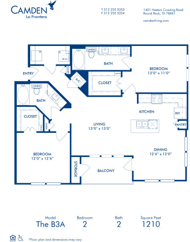 Blueprint of B3A Floor Plan, 2 Bedrooms and 2 Bathrooms at Camden La Frontera Apartments in Round Rock, TX