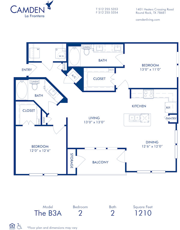 Blueprint of B3A Floor Plan, 2 Bedrooms and 2 Bathrooms at Camden La Frontera Apartments in Round Rock, TX