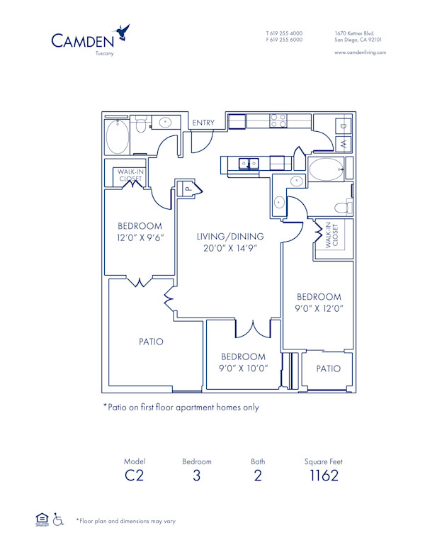 Blueprint of C2 Floor Plan, 3 Bedrooms and 2 Bathrooms at Camden Tuscany Apartments in San Diego, CA