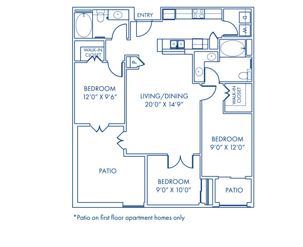 Blueprint of C2 Floor Plan, 3 Bedrooms and 2 Bathrooms at Camden Tuscany Apartments in San Diego, CA