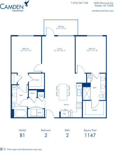 Blueprint of the B1 Two Bedroom, Two Bathroom Floor Plan at Camden Carolinian Apartments in Raleigh, NC