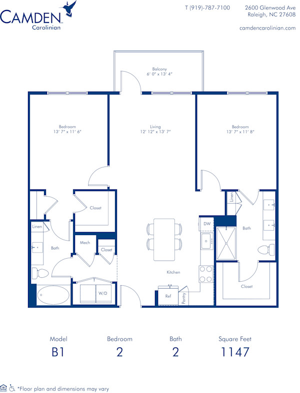 Blueprint of the B1 Two Bedroom, Two Bathroom Floor Plan at Camden Carolinian Apartments in Raleigh, NC