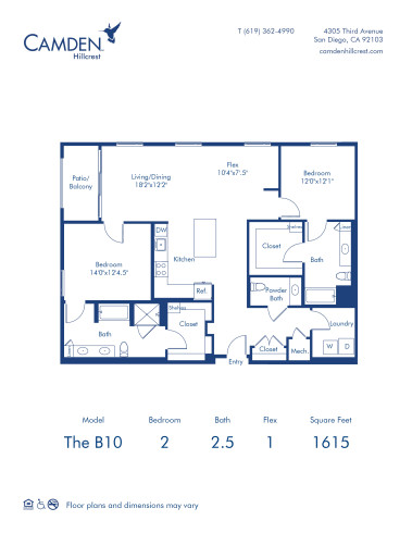 Blueprint of The B10 Floor Plan, 2 Bedrooms and 2.5 Bathroom with Flex Space at Camden Hillcrest Apartments in San Diego, CA