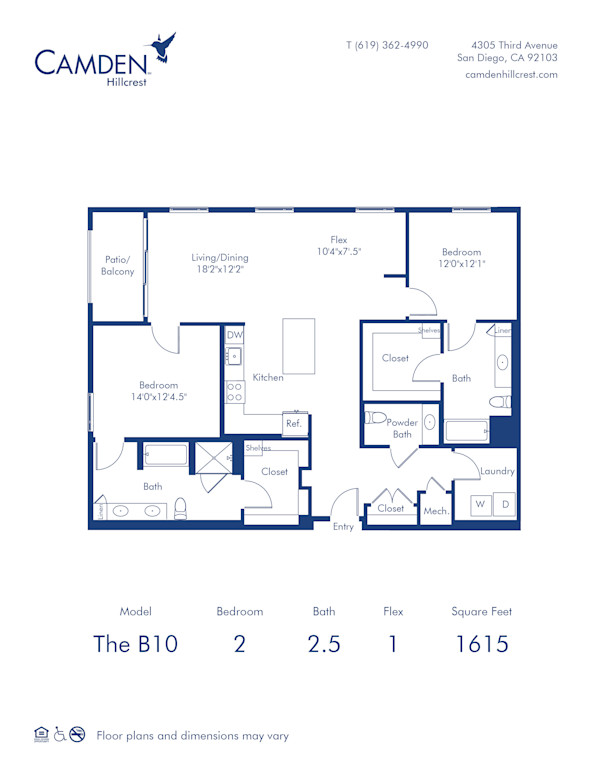 Blueprint of The B10 Floor Plan, 2 Bedrooms and 2.5 Bathroom with Flex Space at Camden Hillcrest Apartments in San Diego, CA
