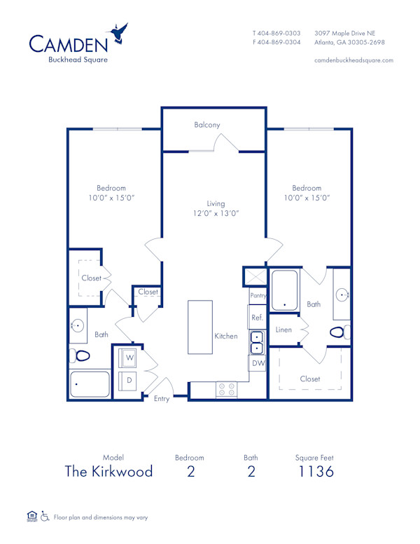 Blueprint of Kirkwood Floor Plan, 2 Bedrooms and 2 Bathrooms at Camden Buckhead Square Apartments in Atlanta, GA