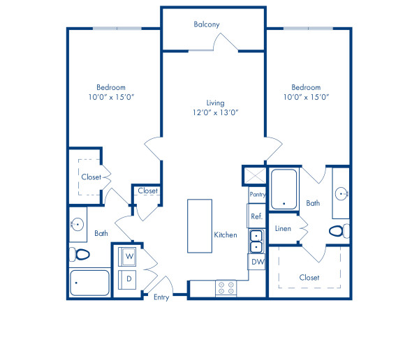 Blueprint of Kirkwood Floor Plan, 2 Bedrooms and 2 Bathrooms at Camden Buckhead Square Apartments in Atlanta, GA