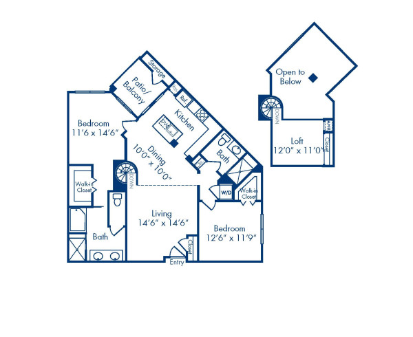 Blueprint of Tranquility (Loft) Floor Plan, 2 Bedrooms and 2 Bathrooms at Camden Main and Jamboree Apartments in Irvine, CA