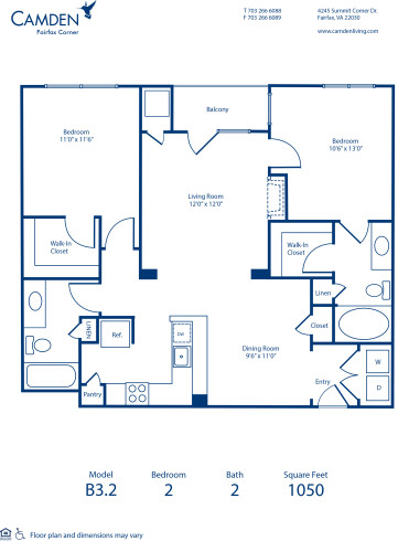 Blueprint of B3.2 Floor Plan, 2 Bedrooms and 2 Bathrooms at Camden Fairfax Corner Apartments in Fairfax, VA