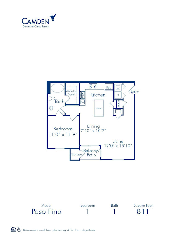 Blueprint of Paso Fino Floor Plan, 1 Bedroom and 1 Bathroom at Camden Downs at Cinco Ranch Apartments in Katy, TX