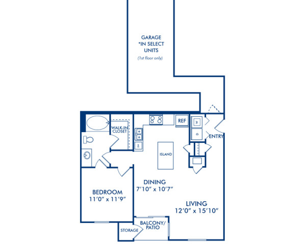 Blueprint of Paso Fino Floor Plan, 1 Bedroom and 1 Bathroom at Camden Downs at Cinco Ranch Apartments in Katy, TX