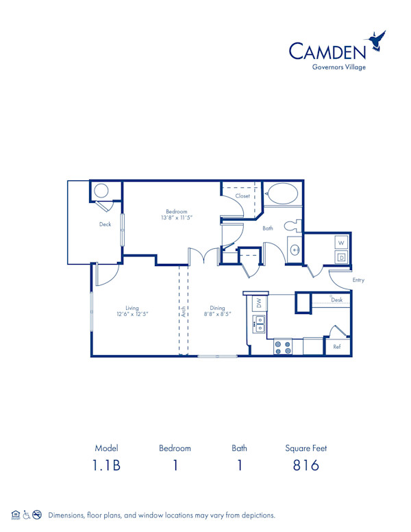 Blueprint of 1.1B Floor Plan, 1 Bedroom and 1 Bathroom at Camden Governors Village Apartments in Chapel Hill, NC