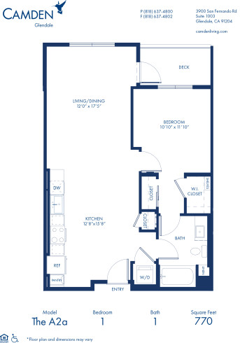 Blueprint of A2a Floor Plan, 1 Bedroom and 1 Bathroom at Camden Glendale Apartments in Glendale, CA