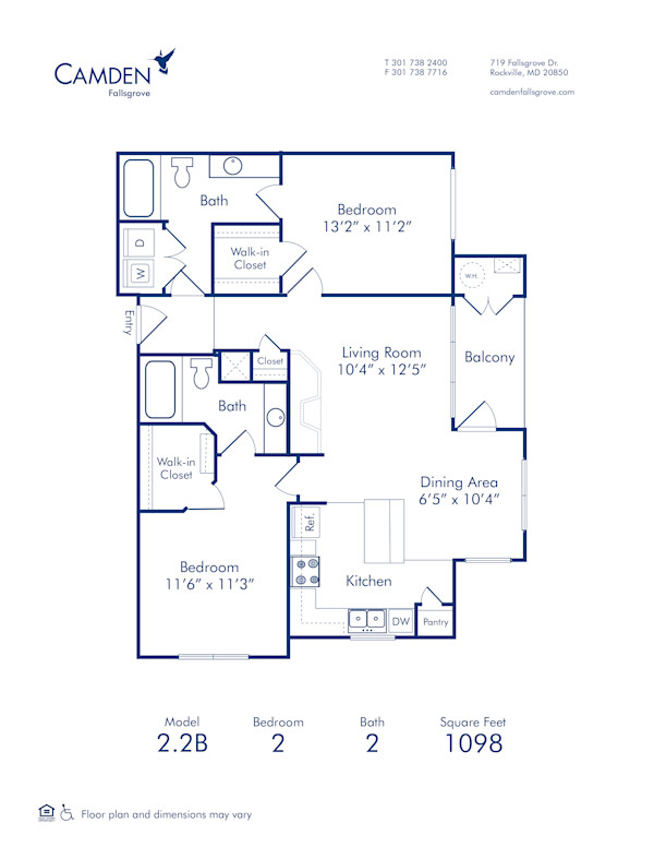 Blueprint of 2.2B Floor Plan, 2 Bedrooms and 2 Bathrooms at Camden Fallsgrove Apartments in Rockville, MD