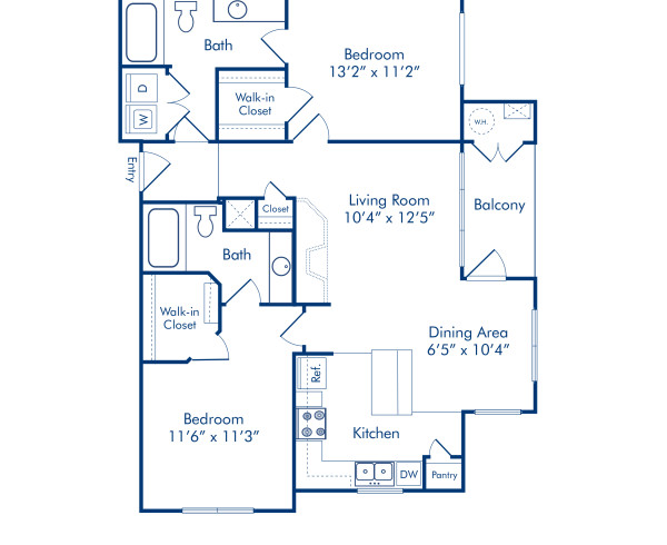 Blueprint of 2.2B Floor Plan, 2 Bedrooms and 2 Bathrooms at Camden Fallsgrove Apartments in Rockville, MD