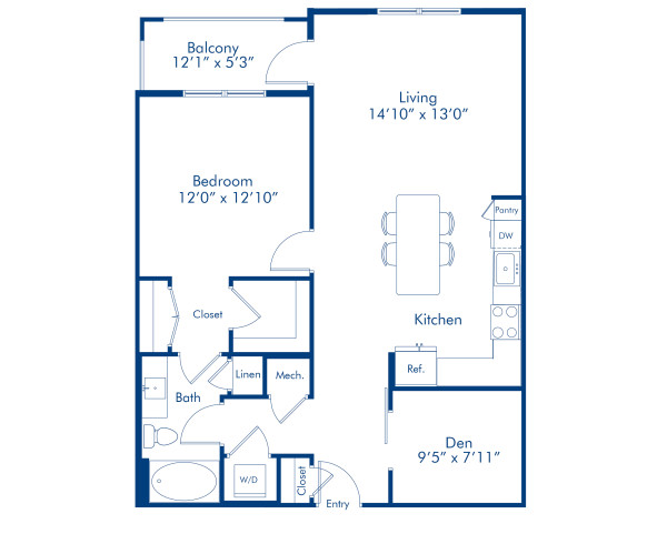 Blueprint of the A1 One Bedroom, One Bathroom Floor Plan at Camden Carolinian Apartments in Raleigh, NC