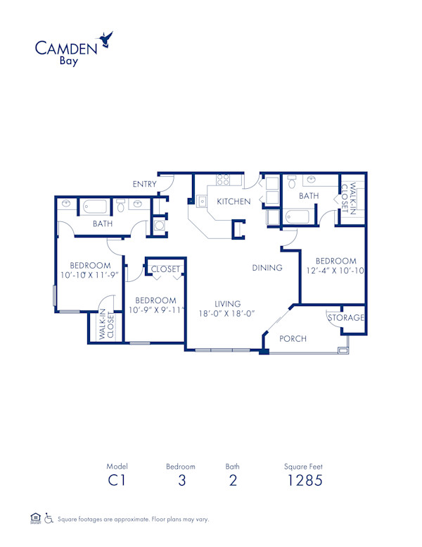 Blueprint of Sandpiper (Balcony) Floor Plan, 3 Bedrooms and 2 Bathrooms at Camden Bay Apartments in Tampa, FL