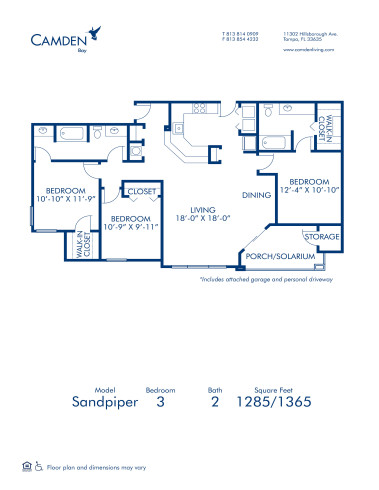 Blueprint of Sandpiper (Balcony) Floor Plan, 3 Bedrooms and 2 Bathrooms at Camden Bay Apartments in Tampa, FL