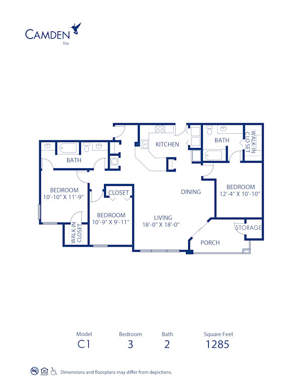 Blueprint of Sandpiper (Balcony) Floor Plan, 3 Bedrooms and 2 Bathrooms at Camden Bay Apartments in Tampa, FL