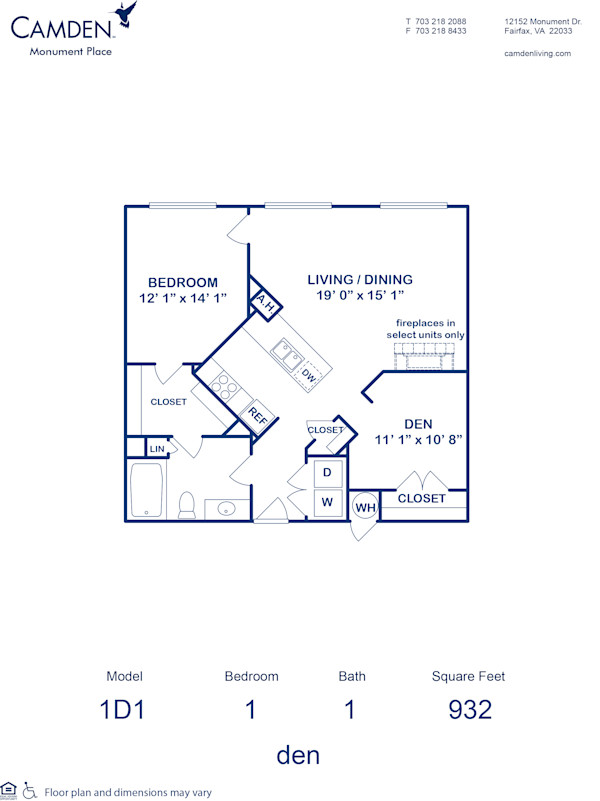 Blueprint of 1D1 Floor Plan, 1 Bedroom and 1 Bathroom at Camden Monument Place Apartments in Fairfax, VA