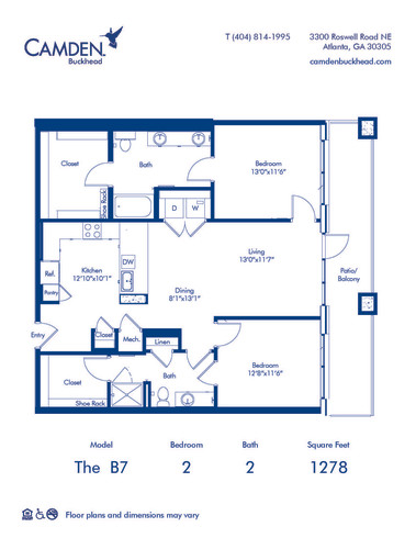 Camden Buckhead apartments in Atlanta, GA, 2 bed, 2 bath floor plan B7