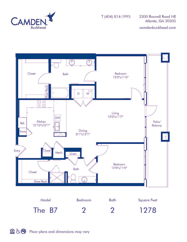 Camden Buckhead apartments in Atlanta, GA, 2 bed, 2 bath floor plan B7