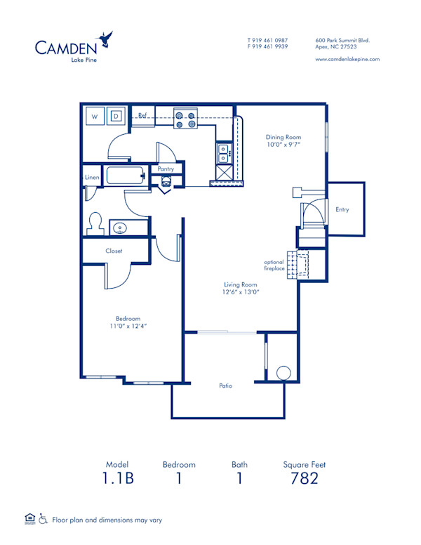 Blueprint of 1.1B Floor Plan, 1 Bedroom and 1 Bathroom at Camden Lake Pine Apartments in Apex, NC