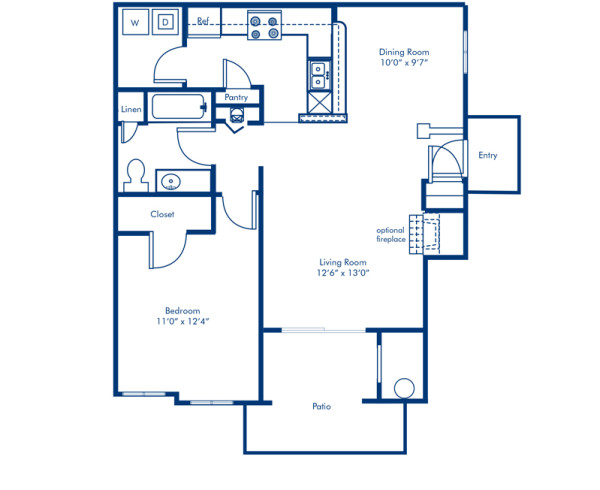 Blueprint of 1.1B Floor Plan, 1 Bedroom and 1 Bathroom at Camden Lake Pine Apartments in Apex, NC