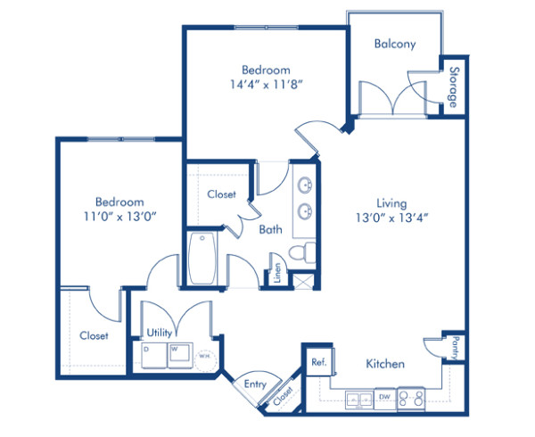 Blueprint of Oceanside Floor Plan, 2 Bedrooms and 1 Bathroom at Camden Waterford Lakes Apartments in Orlando, FL