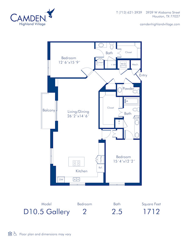 Camden Highland Village apartments in Houston, TX Gallery two bedroom floor plan D10.5