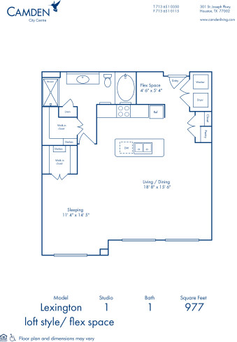 Blueprint of Lexington Floor Plan, 1 Bedroom and 1 Bathroom at Camden City Centre Apartments in Houston, TX