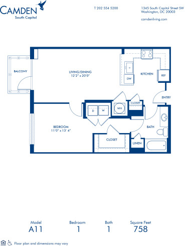 Blueprint of A11 Floor Plan, 1 Bedroom and 1 Bathroom at Camden South Capitol Apartments in Washington, DC