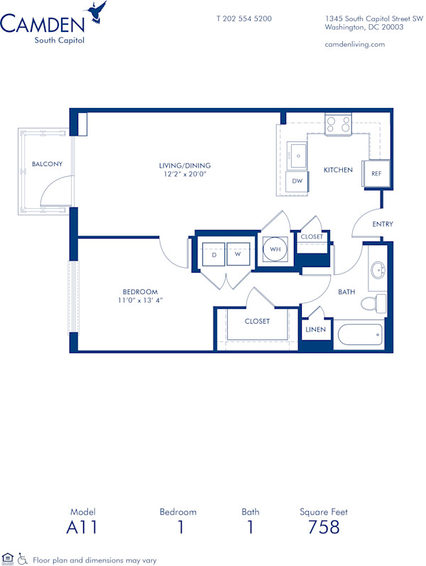 Blueprint of A11 Floor Plan, 1 Bedroom and 1 Bathroom at Camden South Capitol Apartments in Washington, DC
