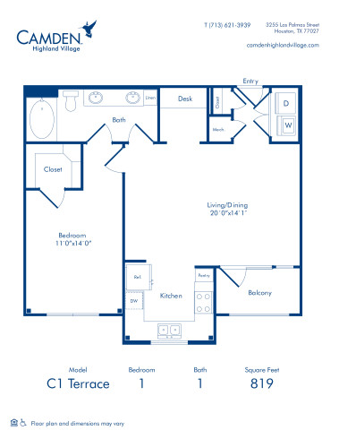 Camden Highland Village apartments in Houston, TX Terrace one bedroom floor plan C1