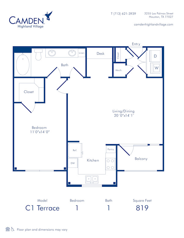 Camden Highland Village apartments in Houston, TX Terrace one bedroom floor plan C1