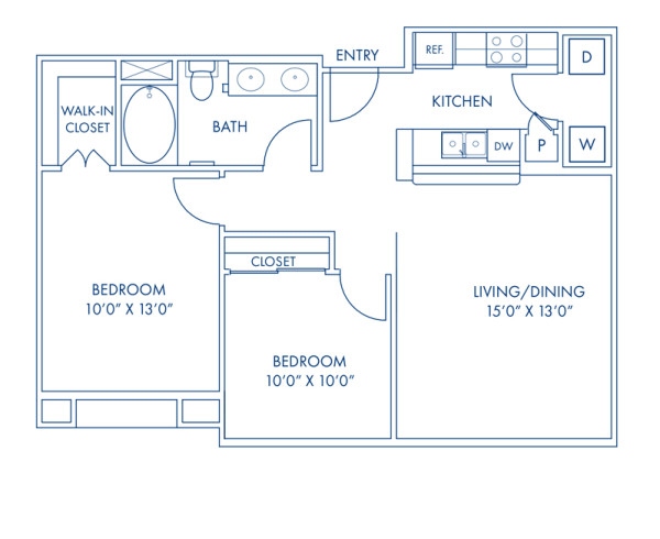 Blueprint of A3 Floor Plan, 2 Bedrooms and 1 Bathroom at Camden Tuscany Apartments in San Diego, CA